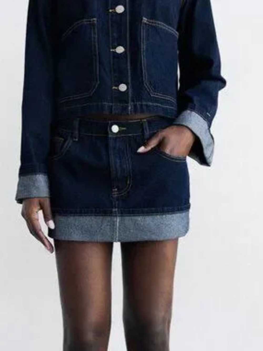 ZARA Dark Wash Casual Women's Denim Suit Set with Long Sleeved Skirt